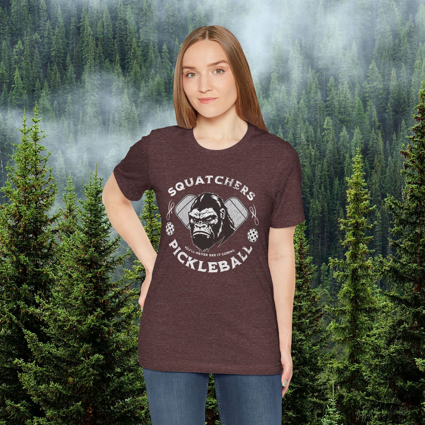 Bigfoot Pickleball Unisex Tee, Sasquatch Fan Shirt, Funny Pickleball Tee, Cryptid Enthusiast Gift, Hiking Shirt